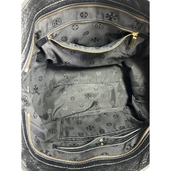 Tory Burch Meyer Plaque Pebbled Leather Tote Bag in Black - Picture 9 of 11